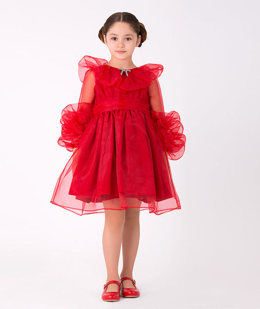 Girls' elegant red tulle dress with ruffled sleeves – Stunning party dress with layered tulle and delicate ruffle details for a princess-like look