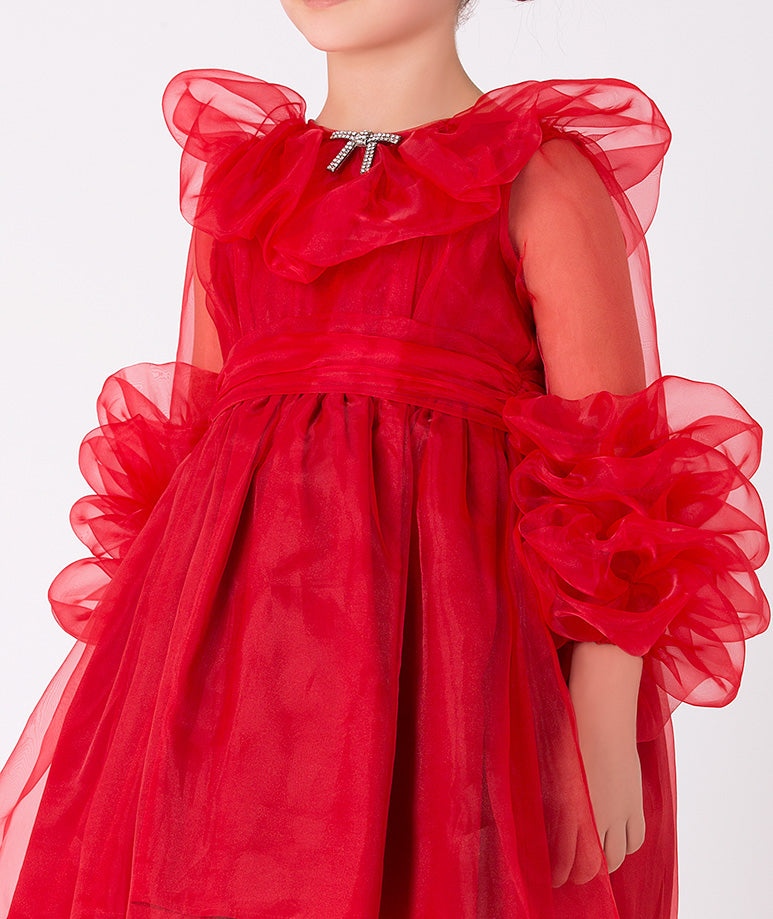 Red ruffled tulle dress for girls – Charming and festive dress with voluminous sleeves and a statement bow, perfect for special occasions
