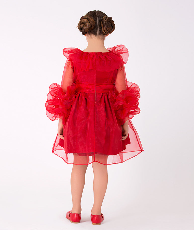 Classic red girls' dress with ruffle accents – Ideal for holiday events, featuring a vibrant red design with soft, layered tulle and ruffled embellishments