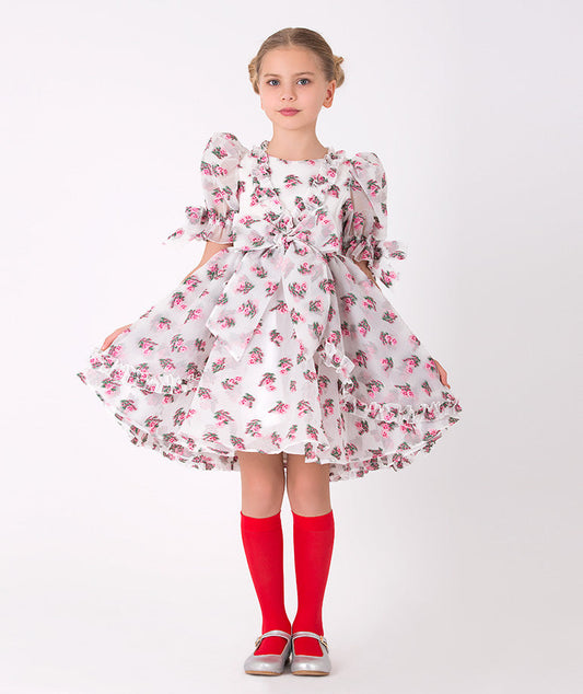 Girls' floral ruffle dress with puff sleeves – A charming design with a bow accent, ideal for special occasions.