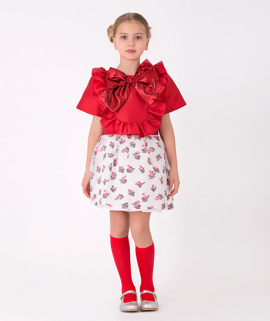 Girls' red bow blouse and floral skirt set – Stylish two-piece outfit with a statement bow top and charming floral skirt