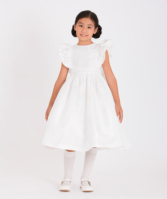 Girls' white dress with flutter sleeves and knee-length design