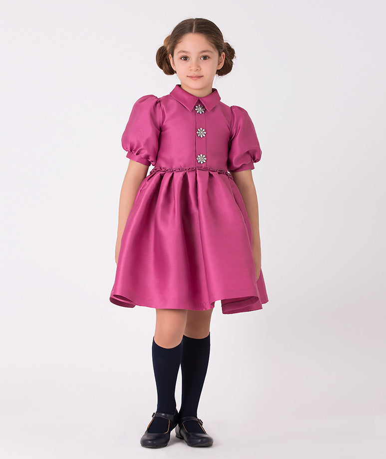 burgundy balloon sleeved dress for kids