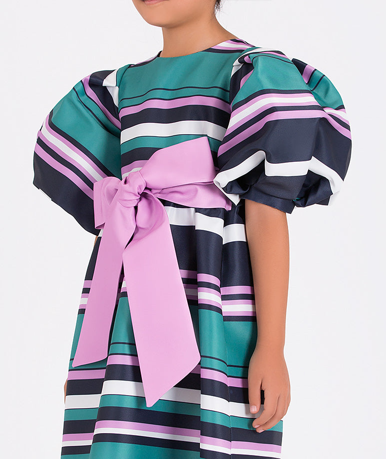 green striped balloon sleeve dress with a lilac bow