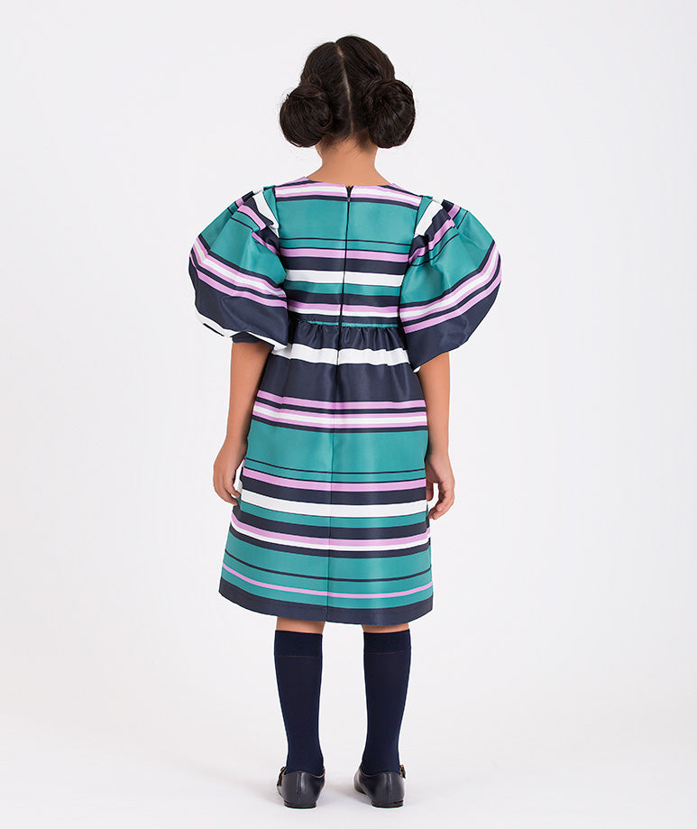 green striped balloon sleeved dress