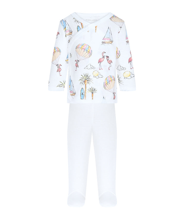 Adorable baby outfit set featuring a whimsical seaside print with flamingos, hot air balloons, and sailboats, paired with matching white footed leggings for a cozy and stylish look